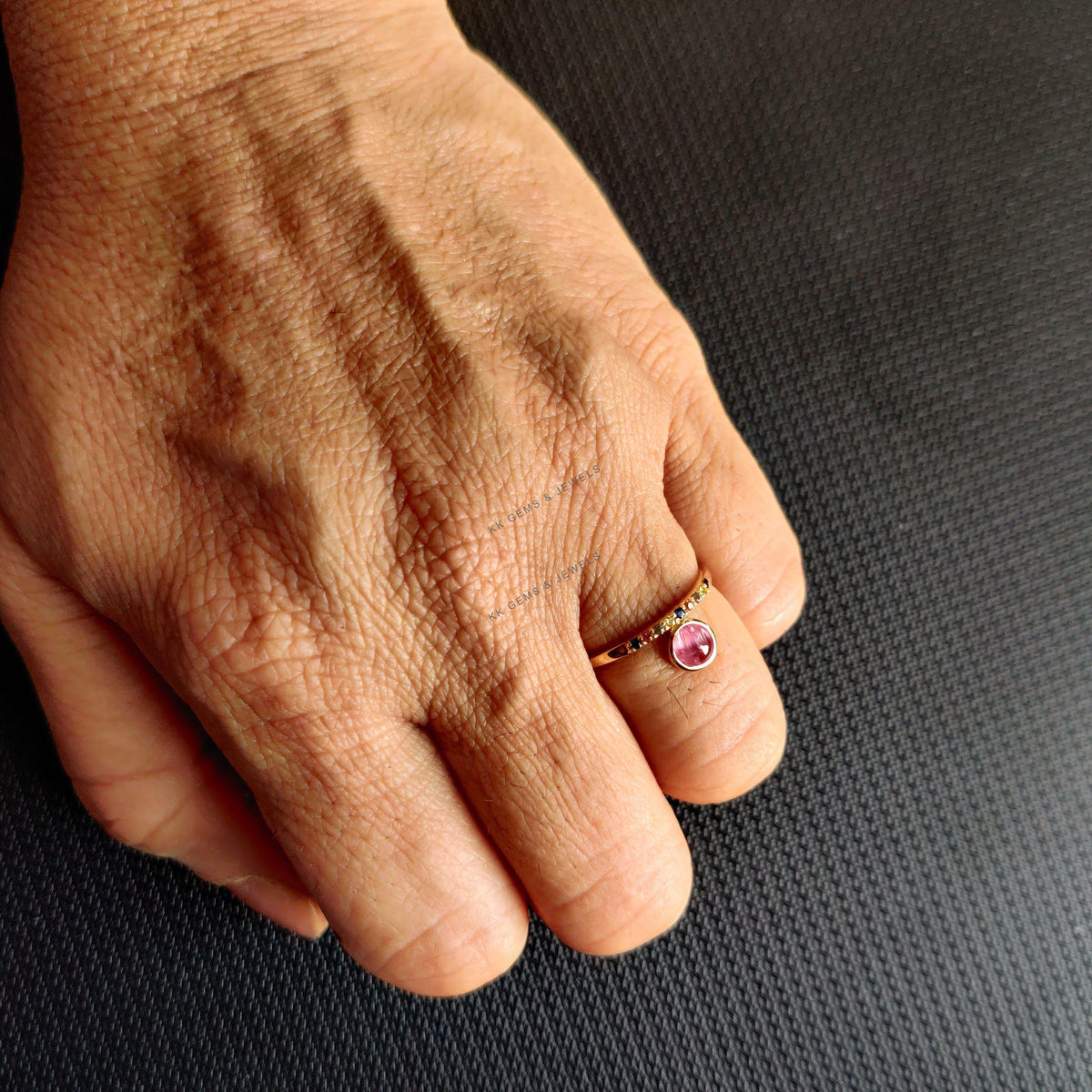 14K Solid Yellow Gold Natural Pink Tourmaline & Multi Sapphire Ring, Christmas Gift