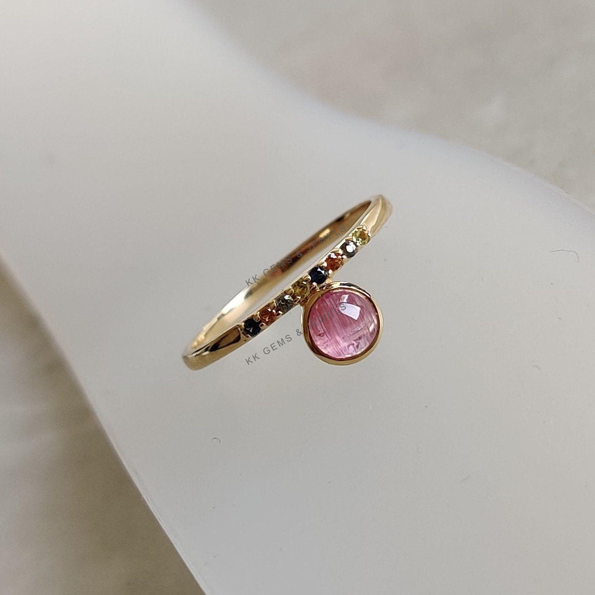 14K Solid Yellow Gold Natural Pink Tourmaline & Multi Sapphire Ring, Christmas Gift