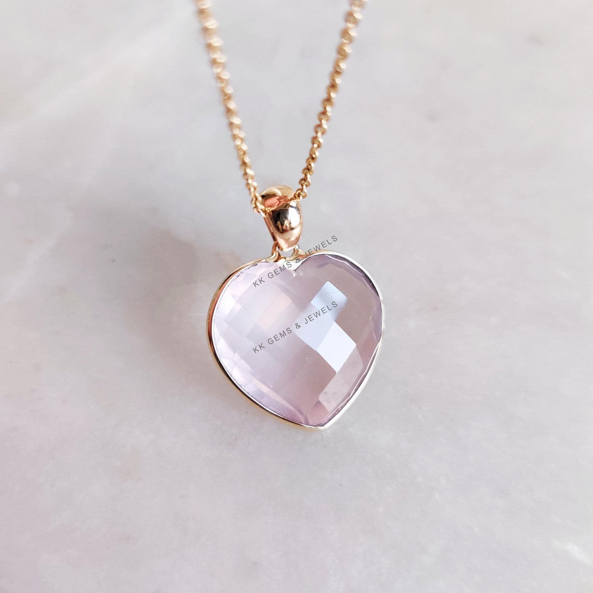 14K Solid Yellow Gold Natural Rose Quartz Heart Pendant - January Birthstone