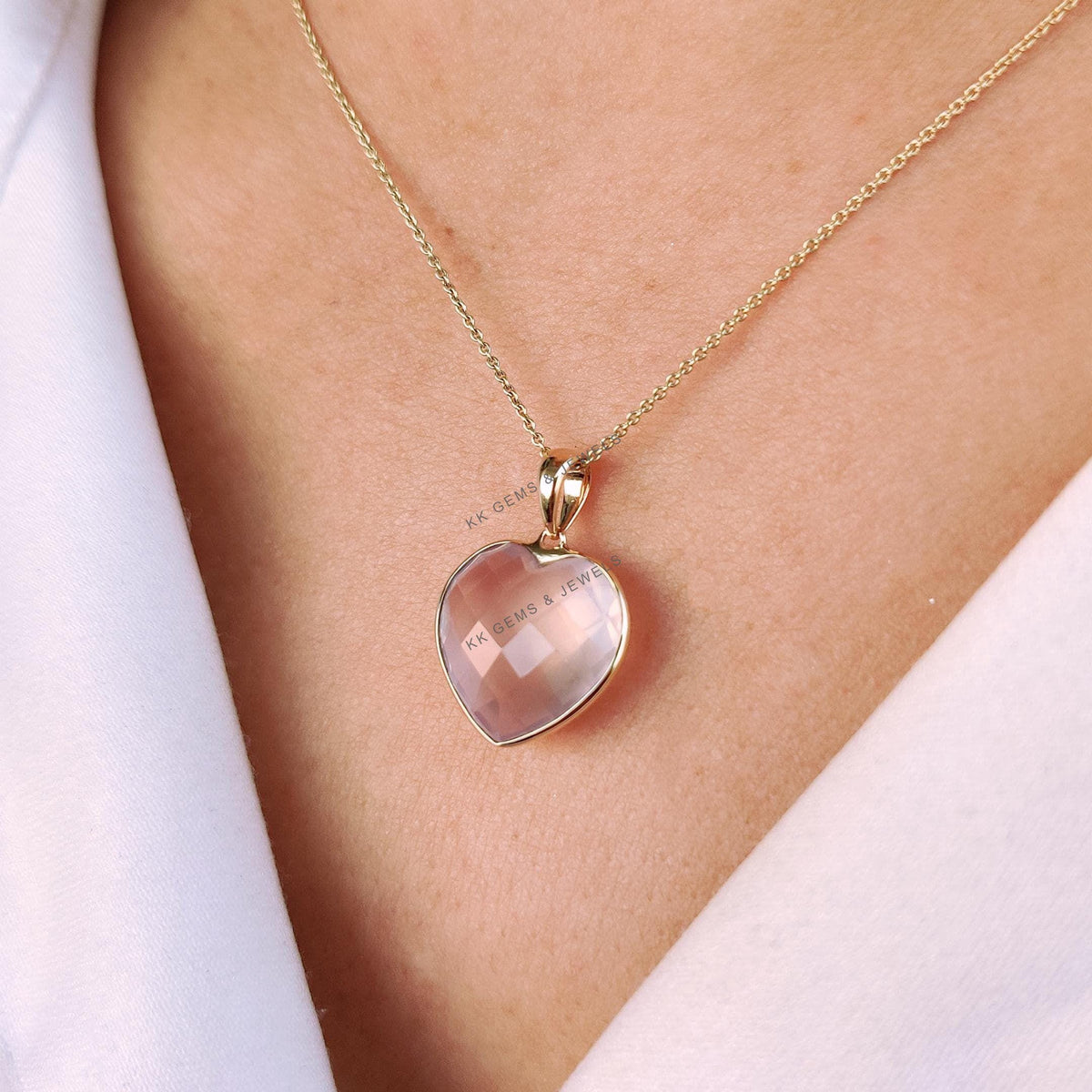14K Solid Yellow Gold Natural Rose Quartz Heart Pendant - January Birthstone
