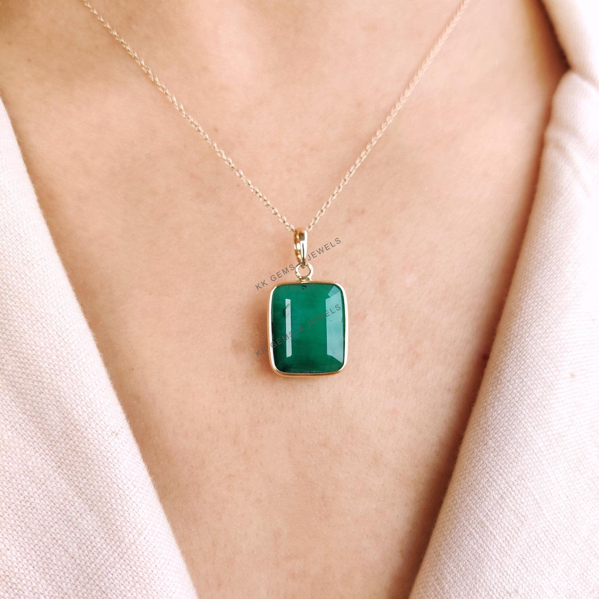 Natural Emerald Bezel Pendant, 14K Solid Yellow Gold, May Birthstone