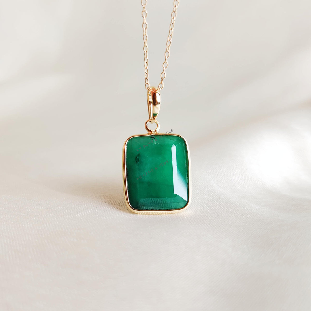 Natural Emerald Bezel Pendant, 14K Solid Yellow Gold, May Birthstone