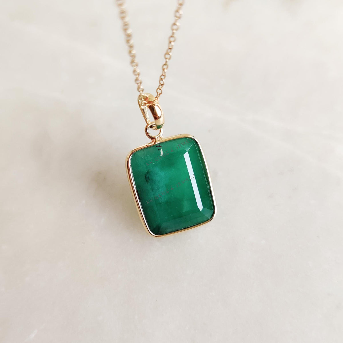 Natural Emerald Bezel Pendant, 14K Solid Yellow Gold, May Birthstone