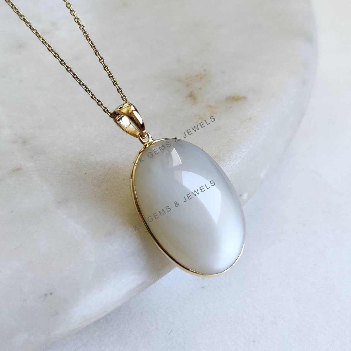 Natural White Moonstone Pendant, 14K Solid Yellow Gold Oval Cabochon, June Birthstone