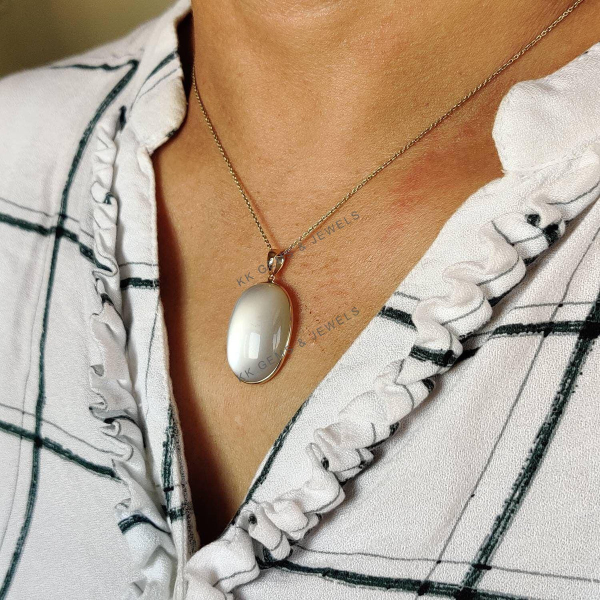 Natural White Moonstone Pendant, 14K Solid Yellow Gold Oval Cabochon, June Birthstone