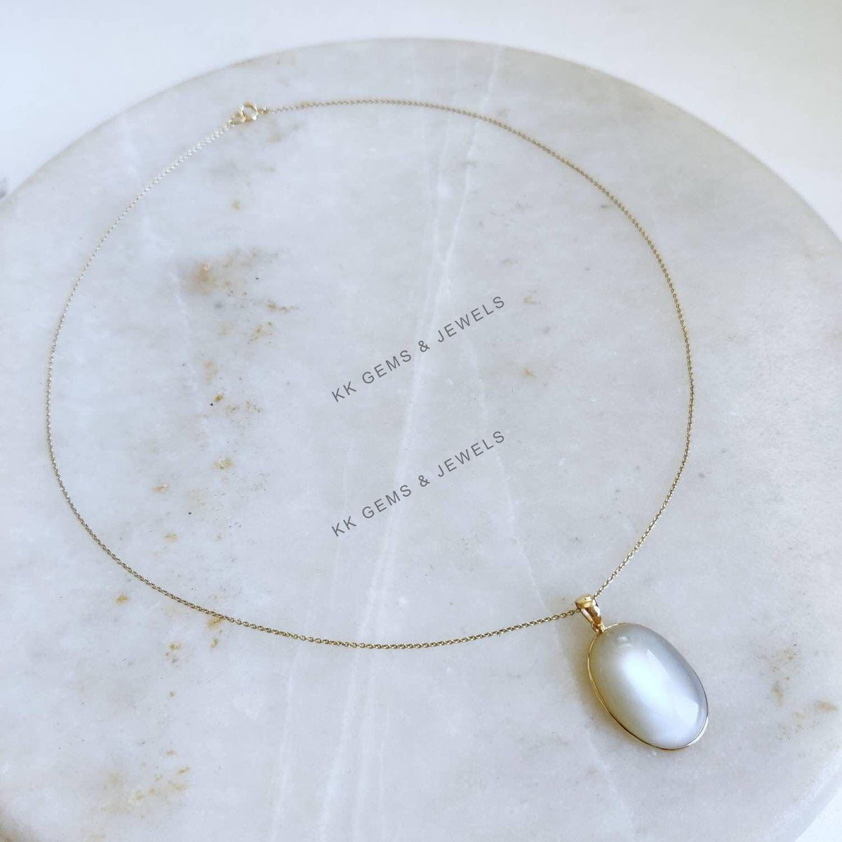 Natural White Moonstone Pendant, 14K Solid Yellow Gold Oval Cabochon, June Birthstone