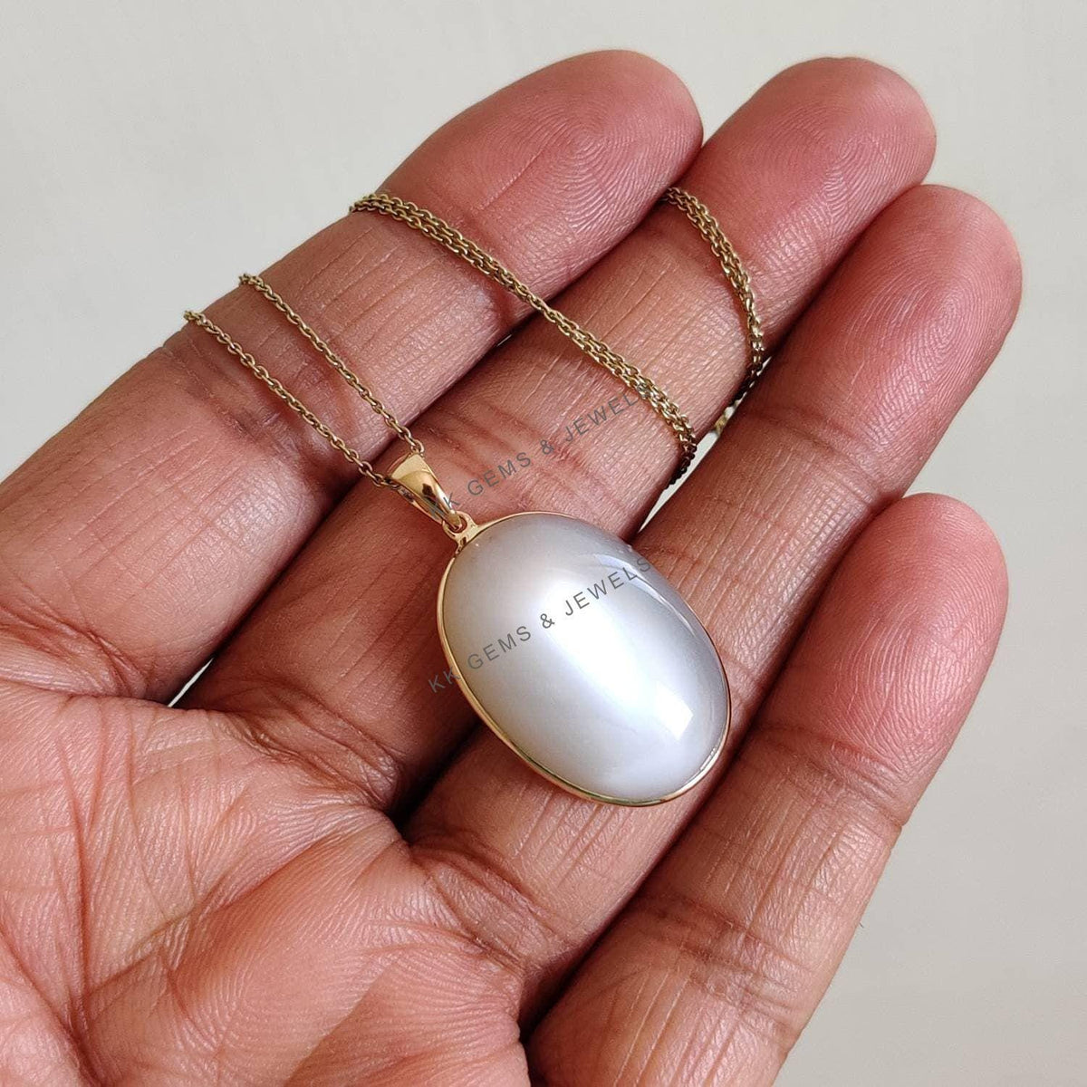 Natural White Moonstone Pendant, 14K Solid Yellow Gold Oval Cabochon, June Birthstone