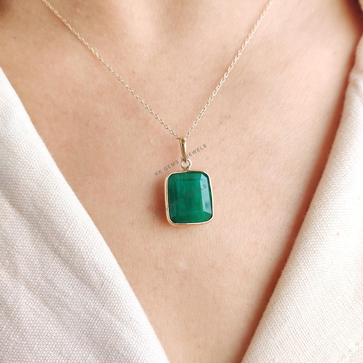 Natural Emerald Pendant, 14K Solid Yellow Gold, Octagon May Birthstone Pendant