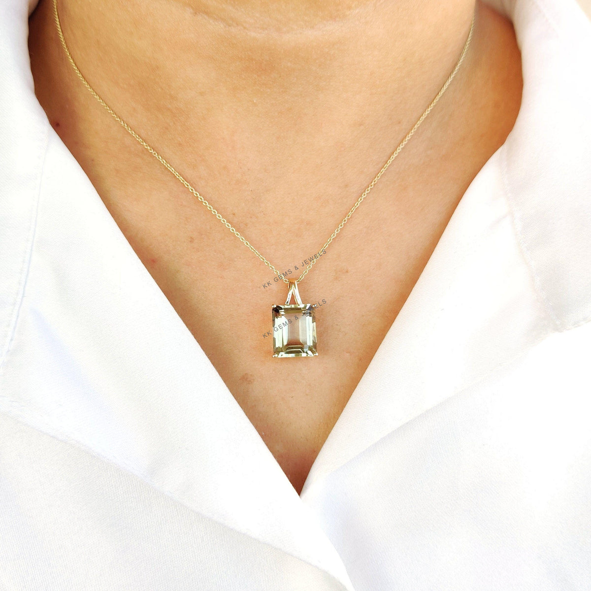Natural Green Amethyst Pendant, 14K Solid Gold Octagon Pendant, February Birthstone