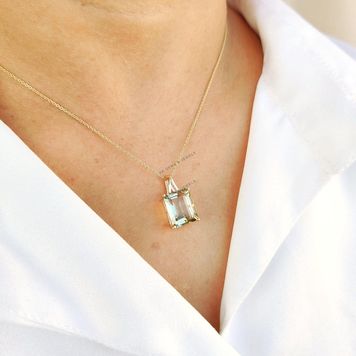 Natural Green Amethyst Pendant, 14K Solid Gold Octagon Pendant, February Birthstone