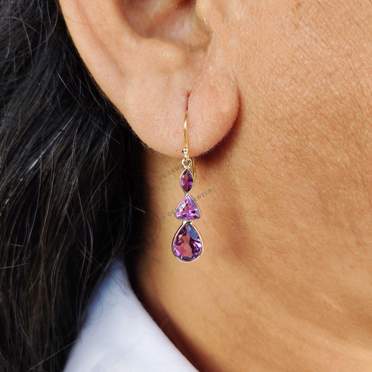 14K Solid Gold Natural Purple Amethyst Drop Earrings, February Birthstone