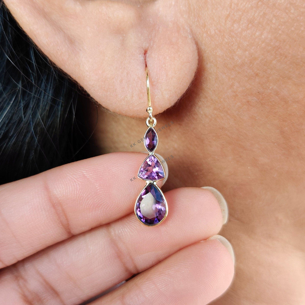 14K Solid Gold Natural Purple Amethyst Drop Earrings, February Birthstone