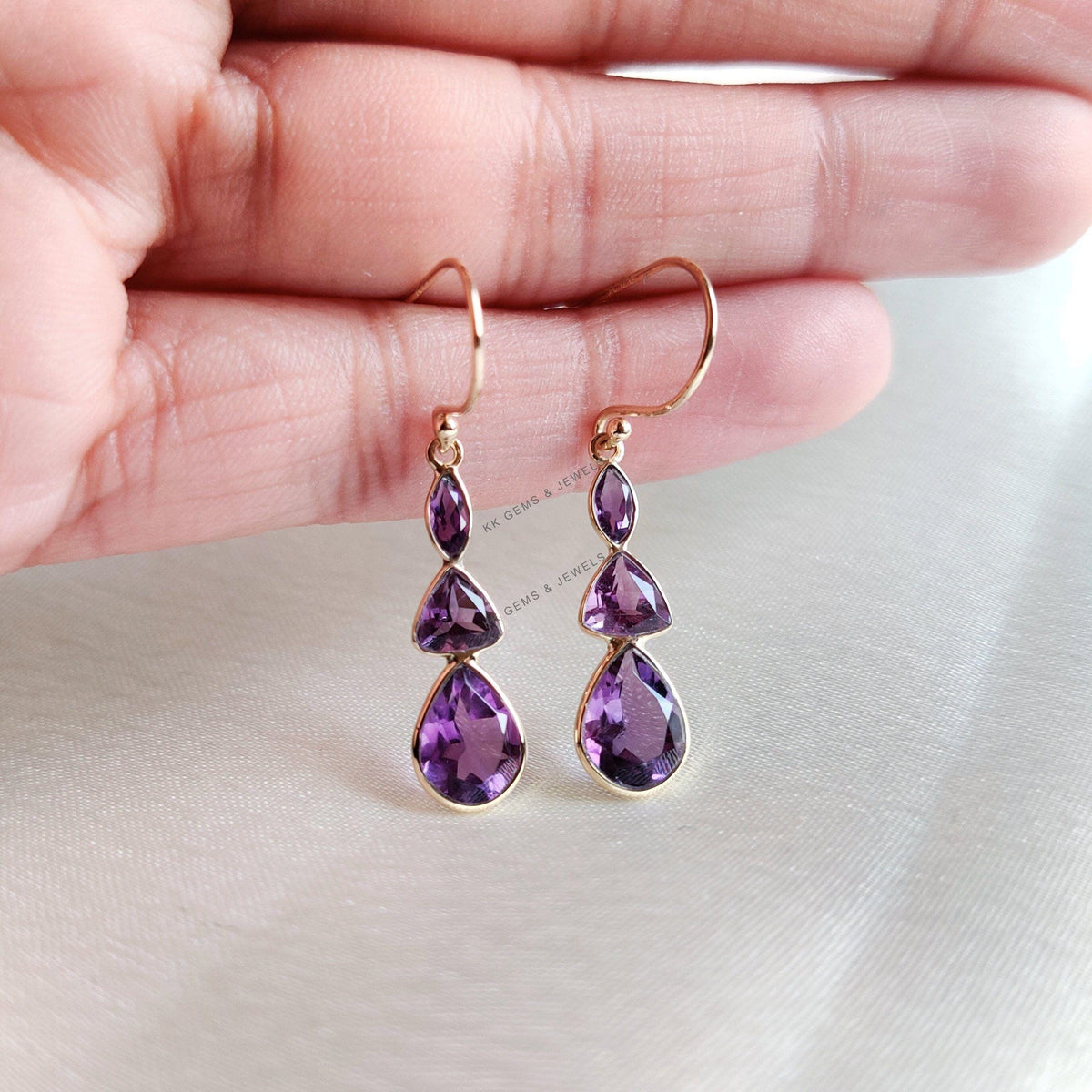 14K Solid Gold Natural Purple Amethyst Drop Earrings, February Birthstone