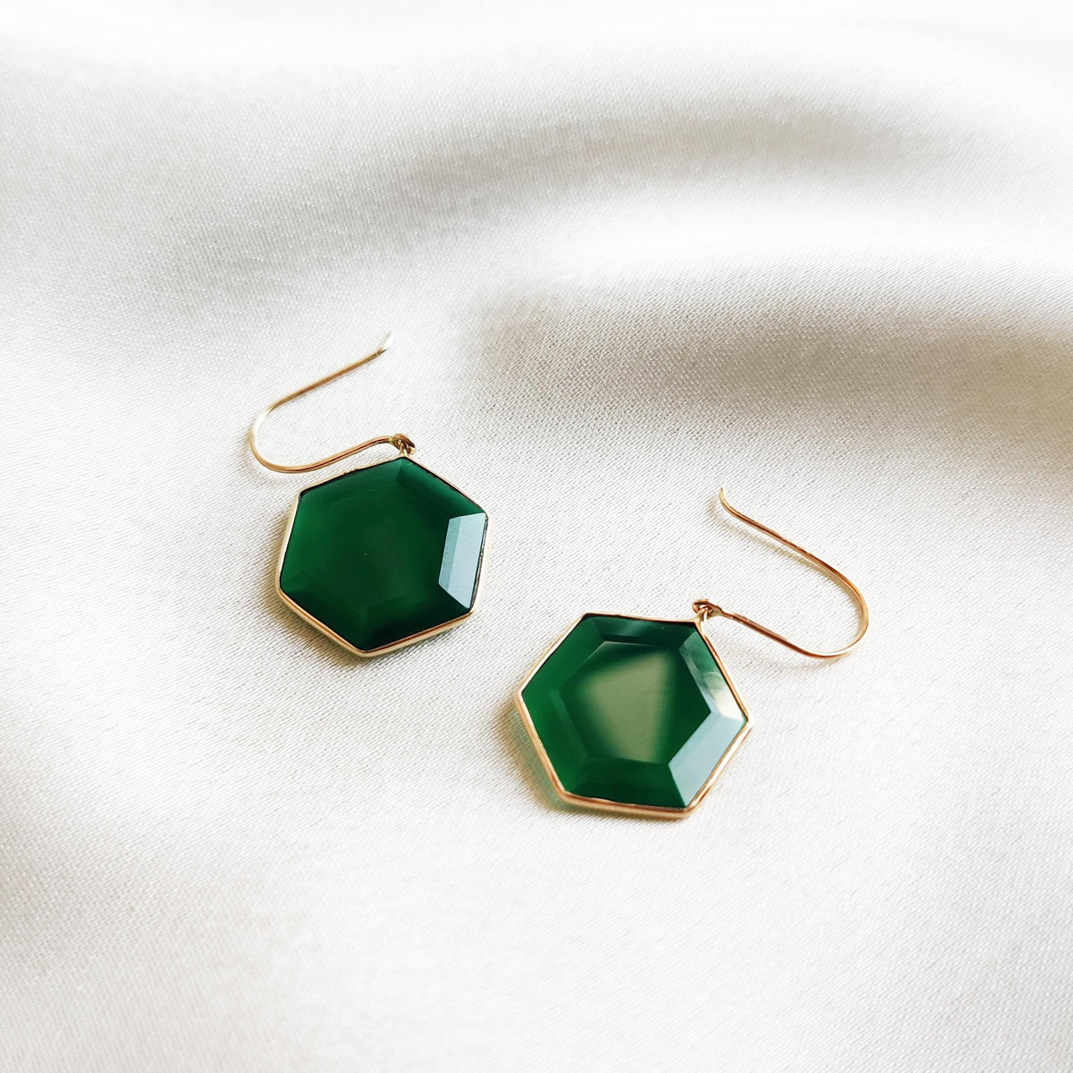 14K Solid Yellow Gold Natural Green Onyx Hexagon Earrings, November Birthstone