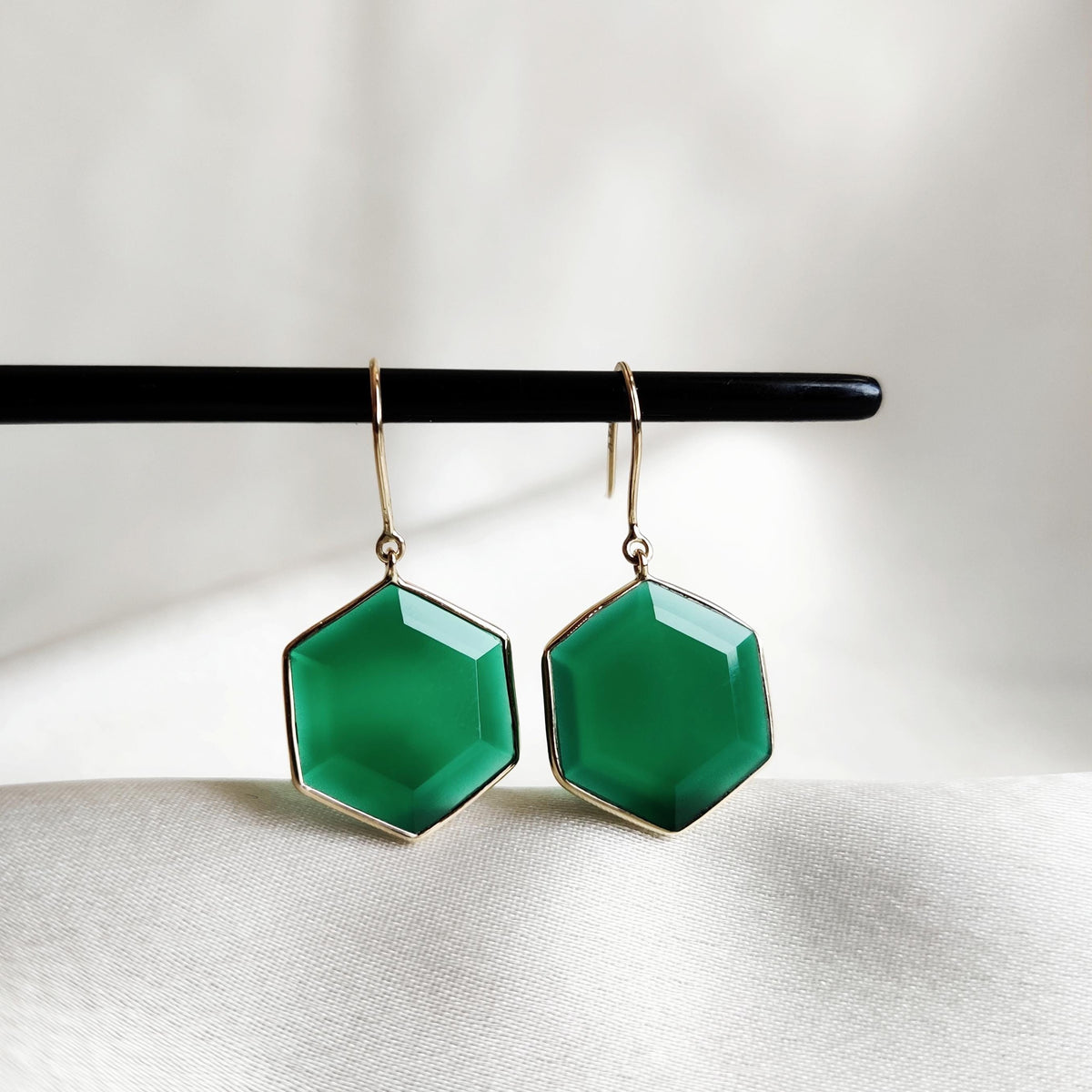 14K Solid Yellow Gold Natural Green Onyx Hexagon Earrings, November Birthstone