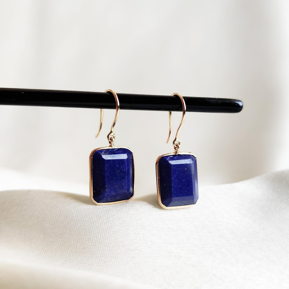 14K Solid Yellow Gold Natural Lapis Lazuli Octagon Bezel Earrings, September Birthstone