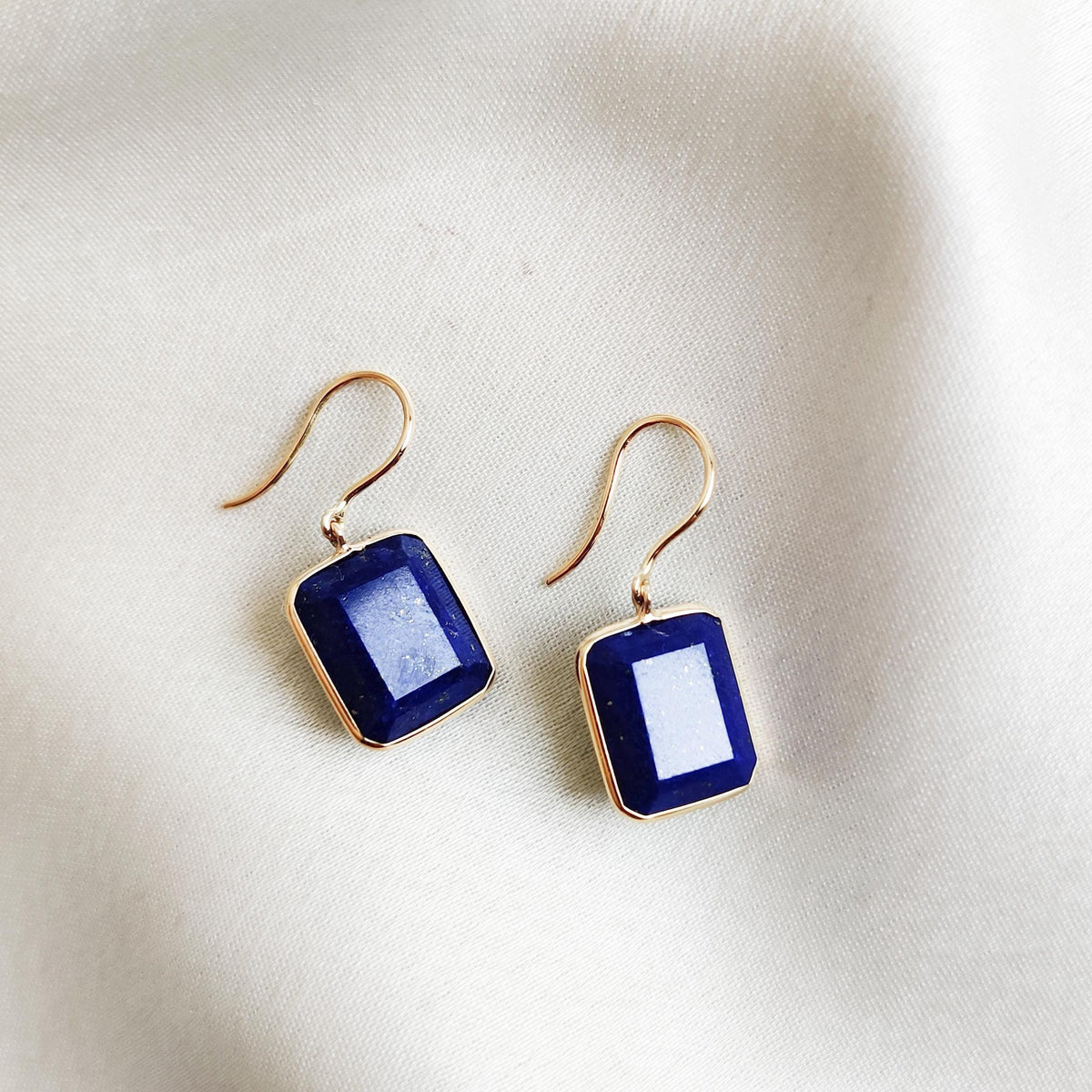 14K Solid Yellow Gold Natural Lapis Lazuli Octagon Bezel Earrings, September Birthstone
