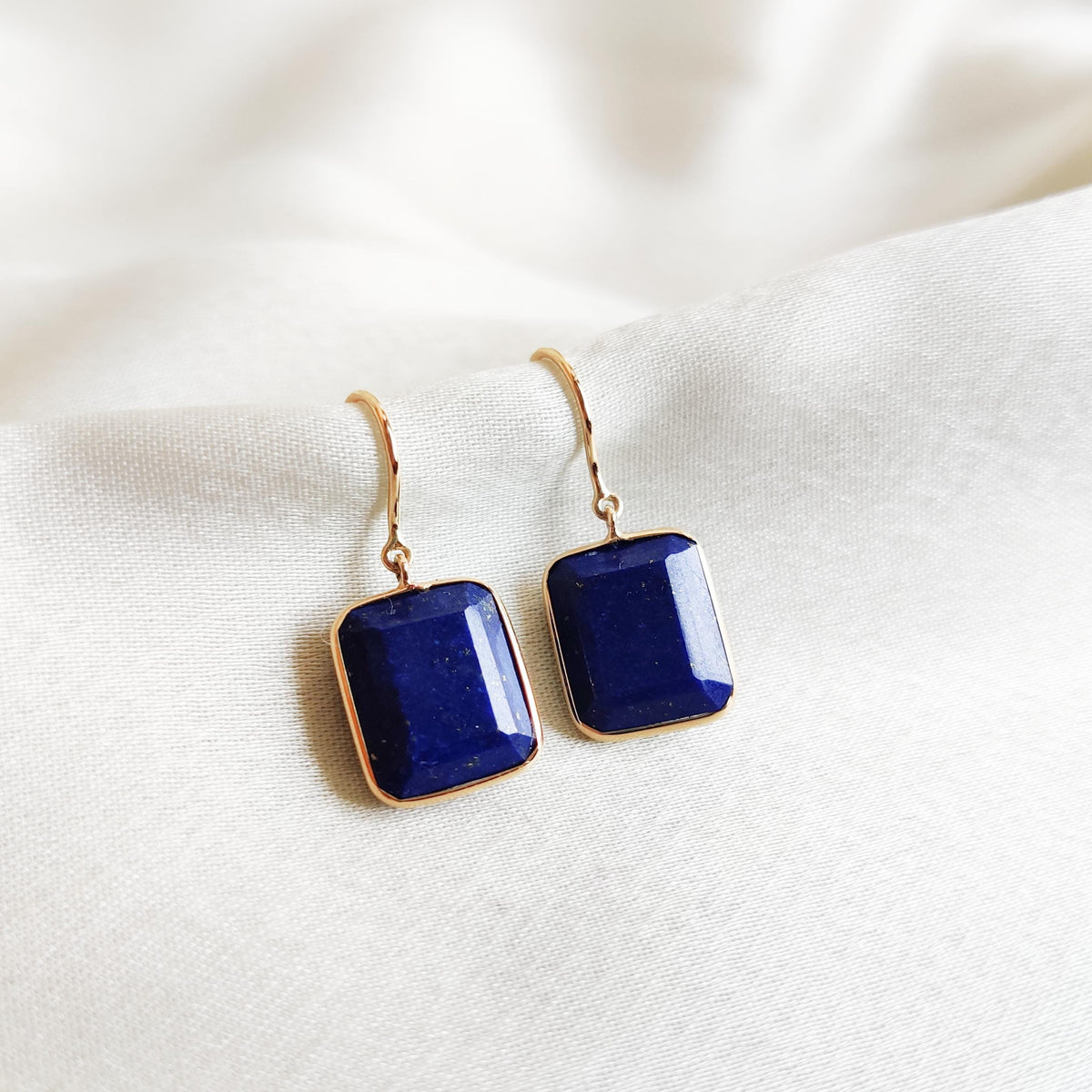 14K Solid Yellow Gold Natural Lapis Lazuli Octagon Bezel Earrings, September Birthstone