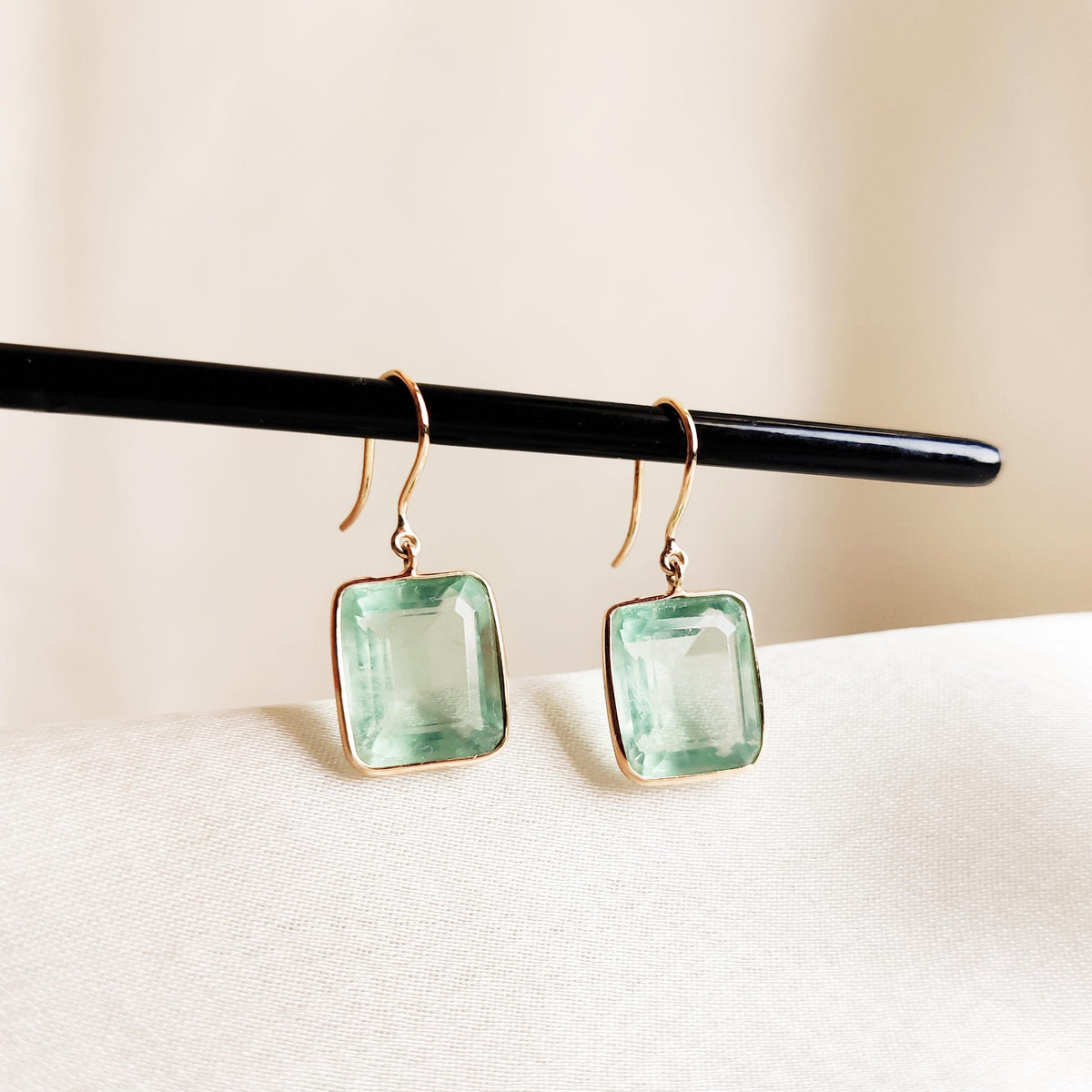 14K Solid Gold Natural Fluorite Bezel Set Earring, March Birthstone