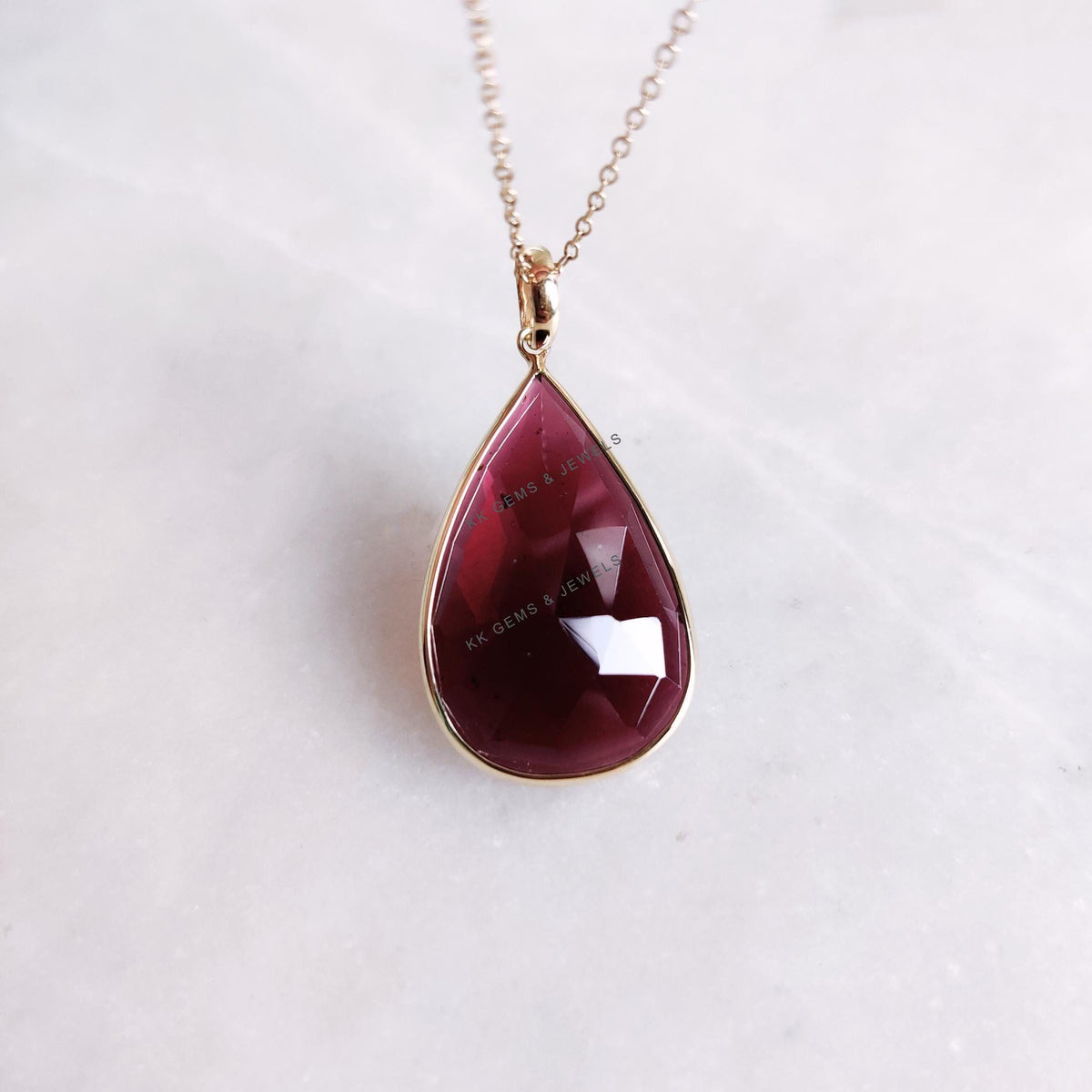 14K Solid Yellow Gold Pear Cut Natural Garnet Pendant, January Birthstone
