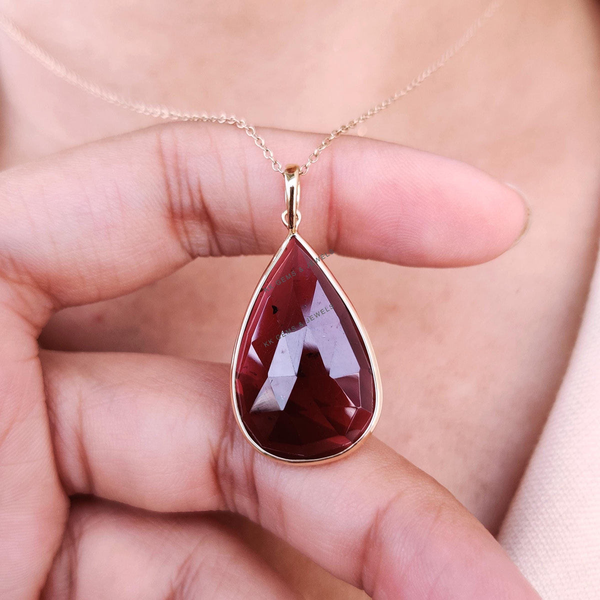 14K Solid Yellow Gold Pear Cut Natural Garnet Pendant, January Birthstone