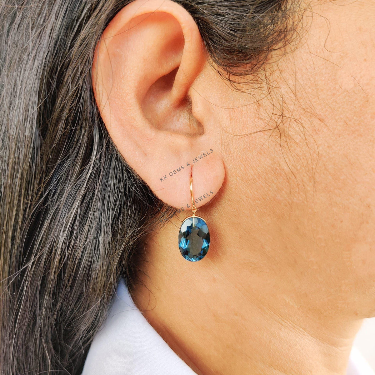 14K Solid Gold Natural London Blue Topaz Drop Earrings, December Birthstone