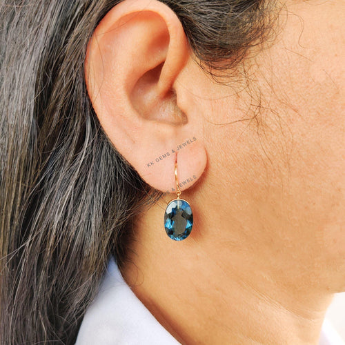 14K Solid Gold Natural London Blue Topaz Drop Earrings, December Birthstone