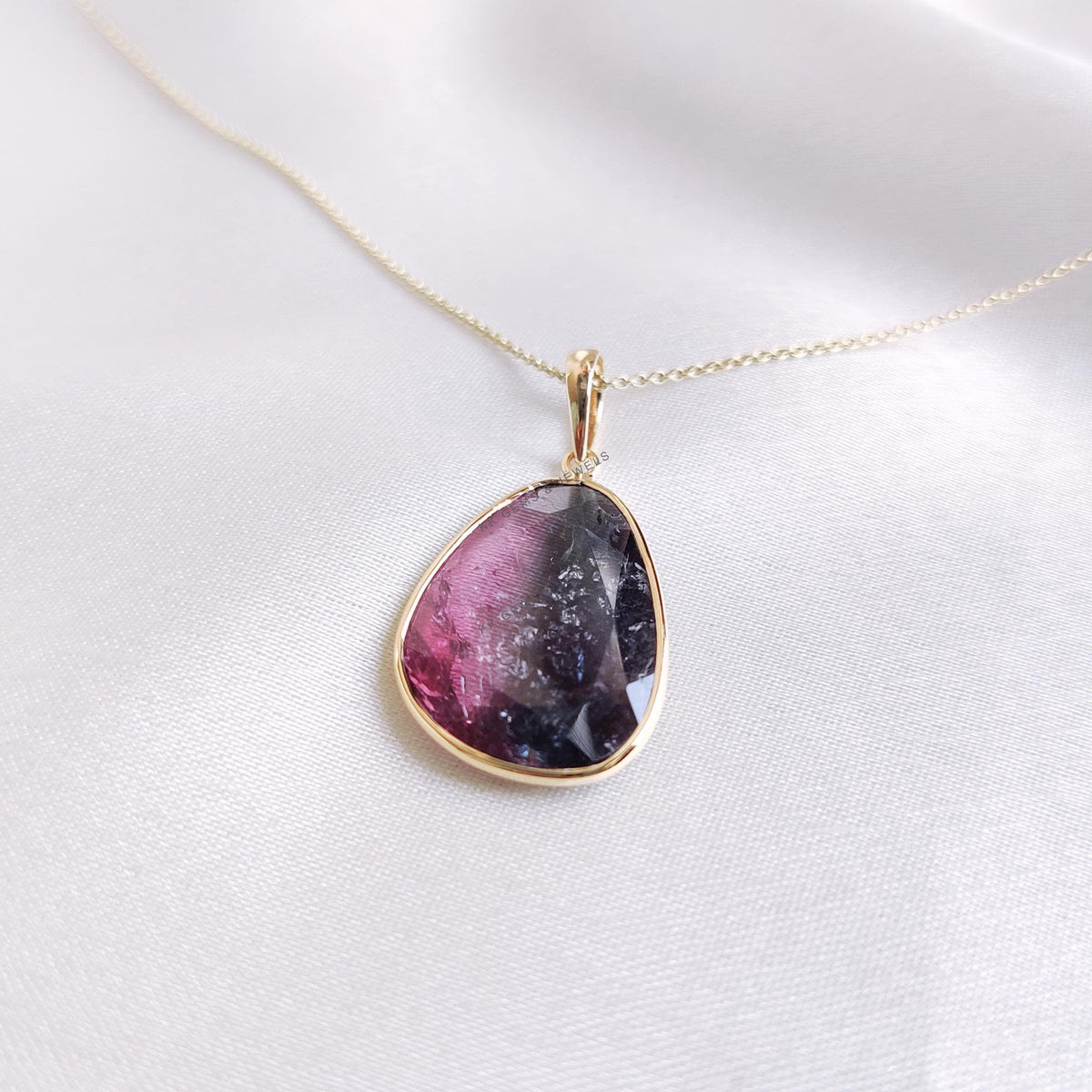 14K Solid Yellow Gold Natural Watermelon Tourmaline Pendant, Bezel Set October Birthstone
