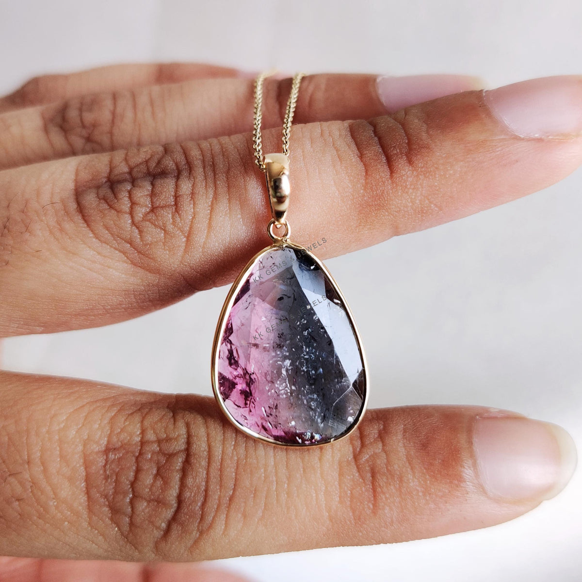 14K Solid Yellow Gold Natural Watermelon Tourmaline Pendant, Bezel Set October Birthstone