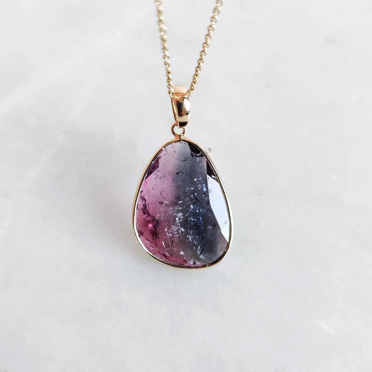14K Solid Yellow Gold Natural Watermelon Tourmaline Pendant, Bezel Set October Birthstone