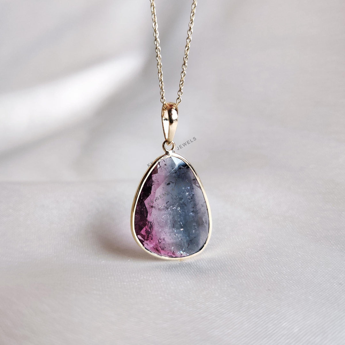14K Solid Yellow Gold Natural Watermelon Tourmaline Pendant, Bezel Set October Birthstone