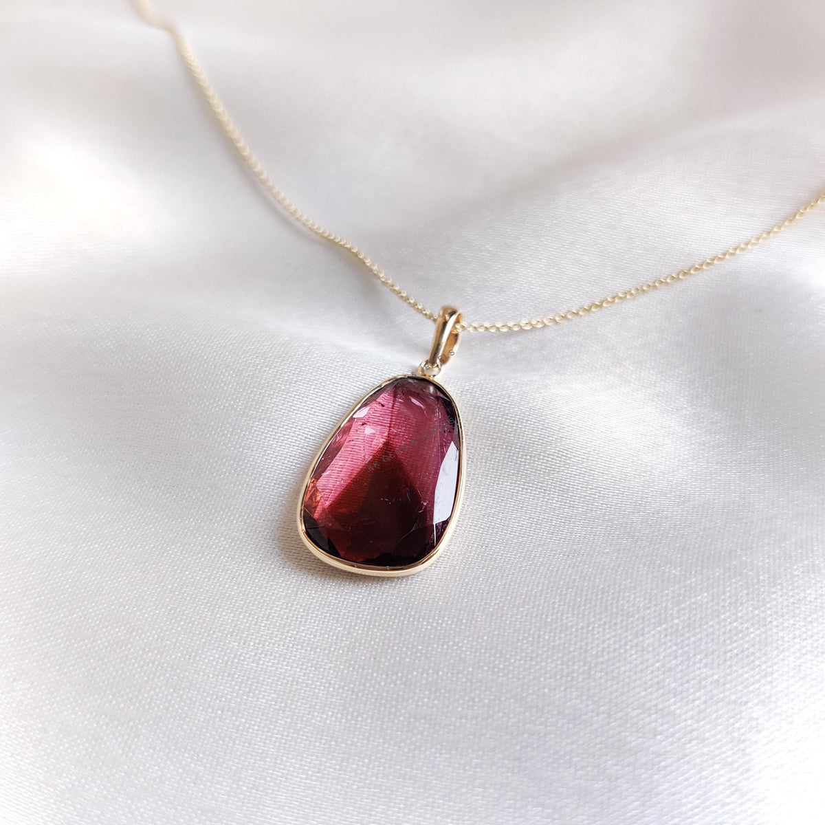14K Solid Yellow Gold Natural Watermelon Tourmaline Pendant: Bezel Set Gemstone