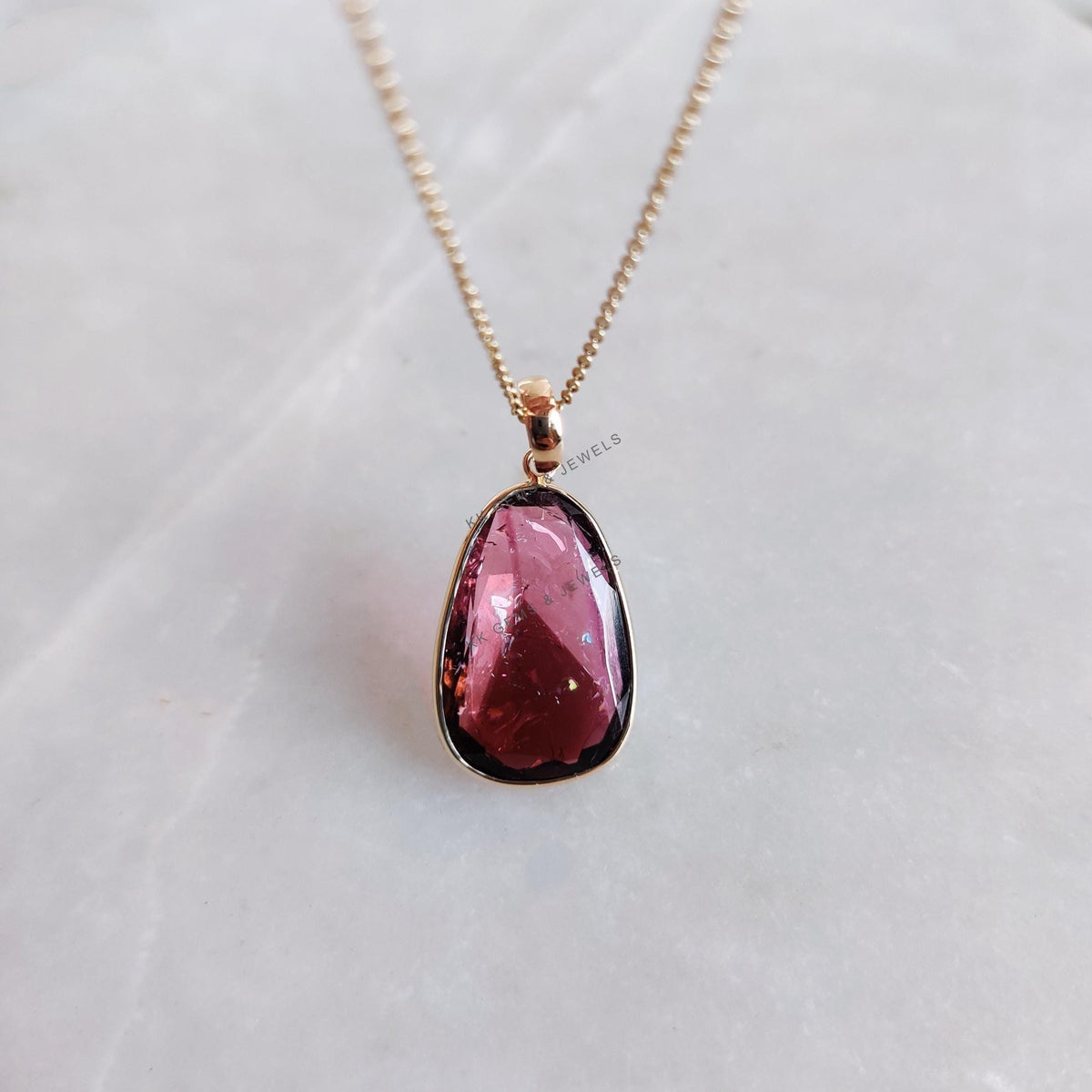 14K Solid Yellow Gold Natural Watermelon Tourmaline Pendant: Bezel Set Gemstone