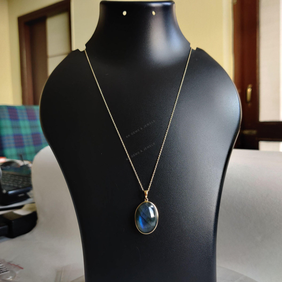Natural Labradorite Pendant: 14K Solid Yellow Gold Bezel, November Birthstone
