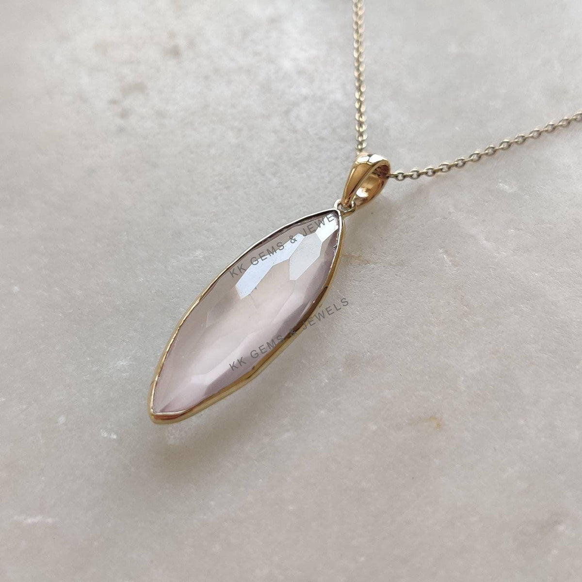14K Solid Yellow Gold Natural Rose Quartz Pendant, January Birthstone
