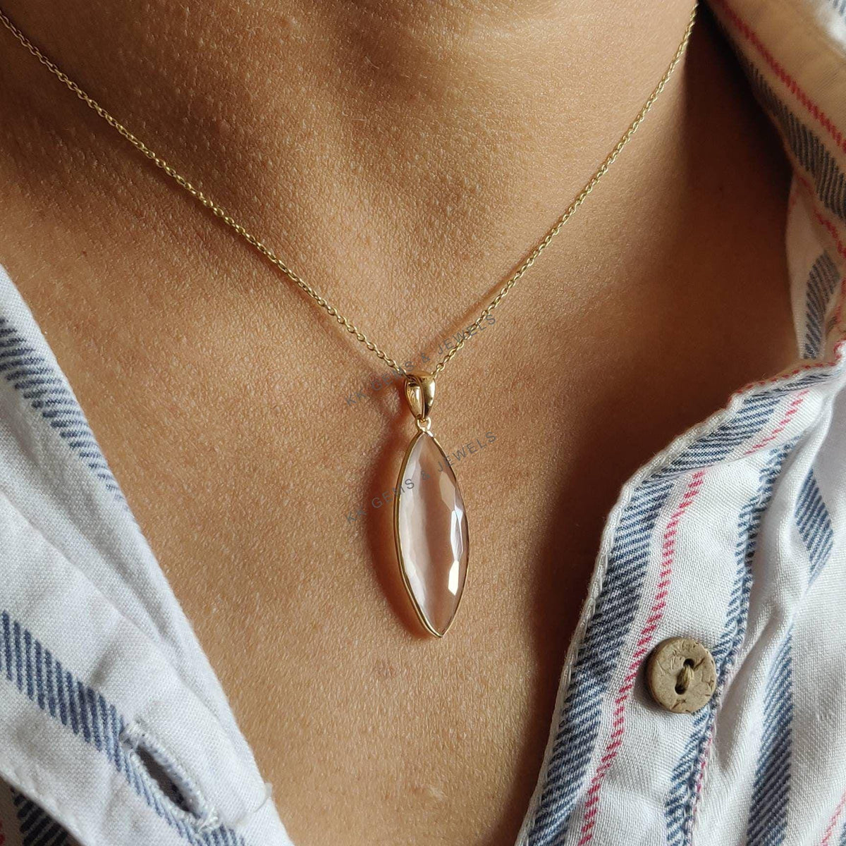 14K Solid Yellow Gold Natural Rose Quartz Pendant, January Birthstone