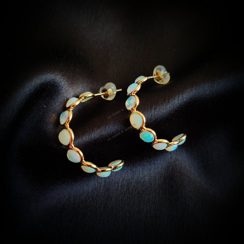 14K Solid Gold Natural Ethiopian Opal Hoop Earrings, October Birthstone