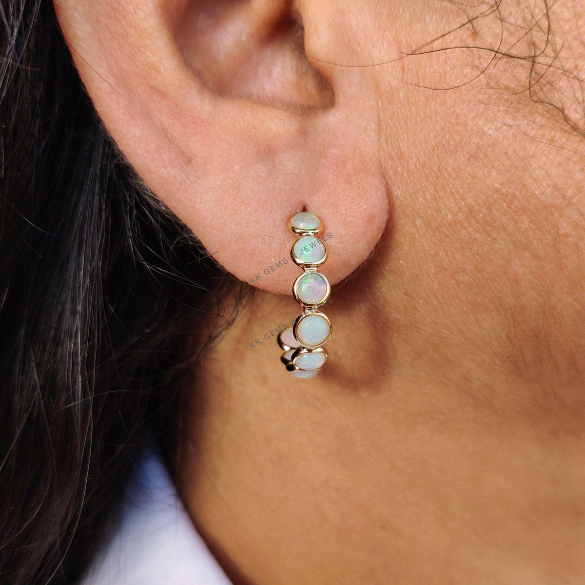 14K Solid Gold Natural Ethiopian Opal Hoop Earrings, October Birthstone