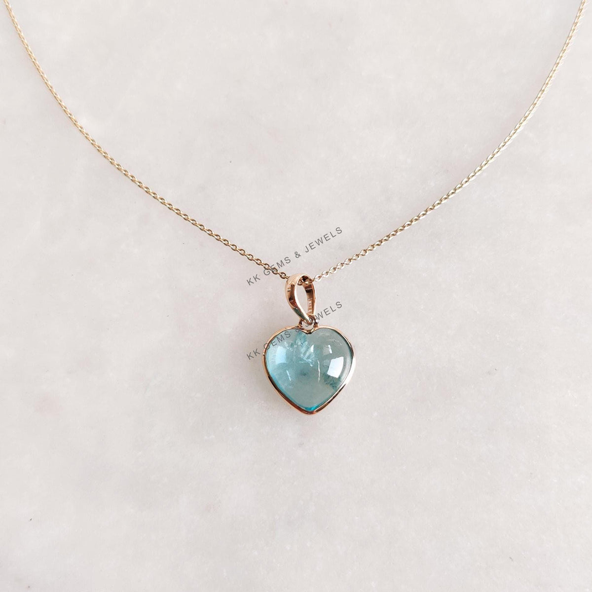 14K Solid Yellow Gold Natural Aquamarine Heart Pendant, March Birthstone, Valentine Gift