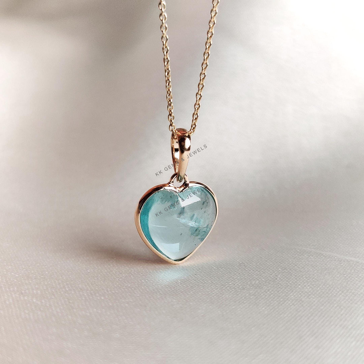 14K Solid Yellow Gold Natural Aquamarine Heart Pendant, March Birthstone, Valentine Gift