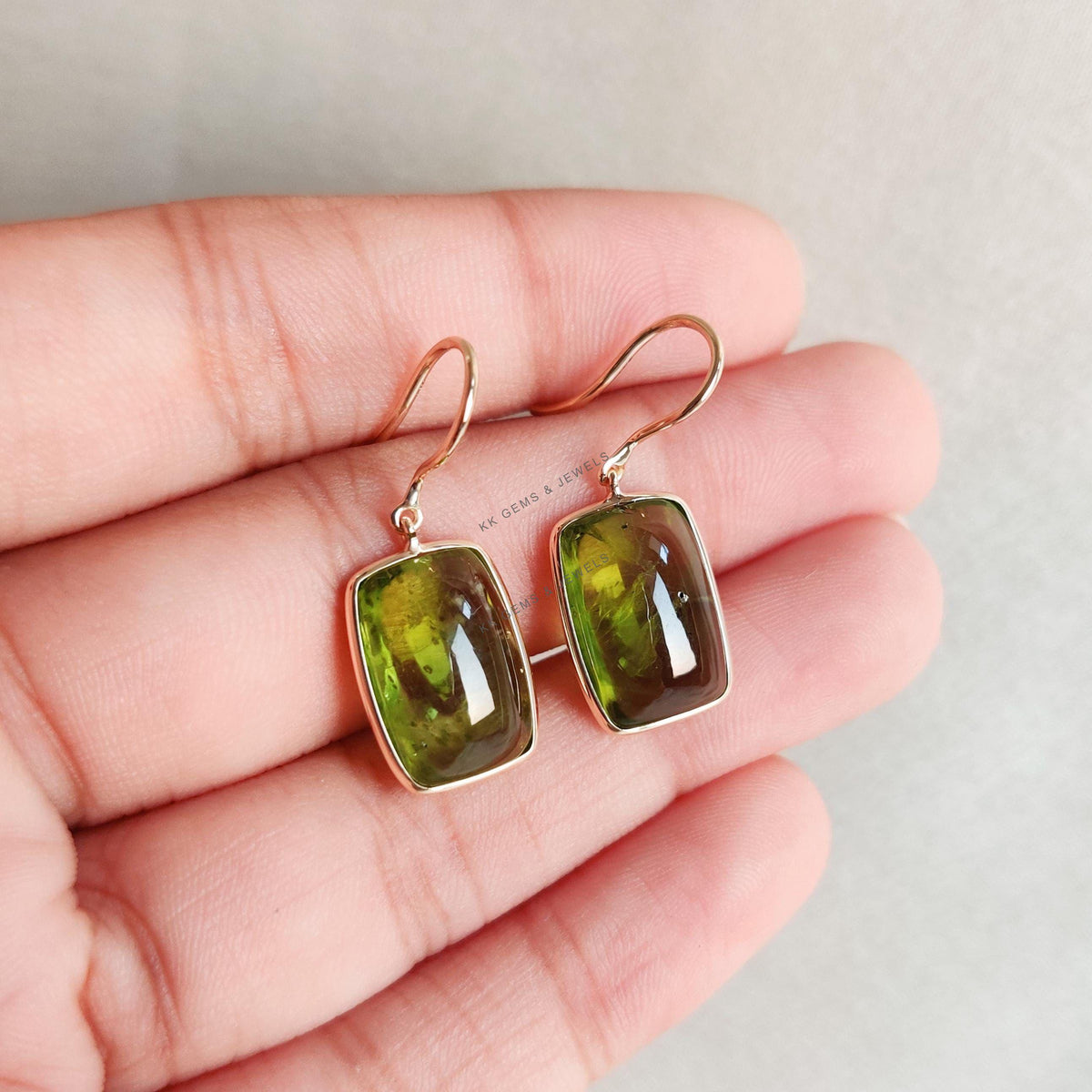 14K Solid Yellow Gold Natural Peridot Drop Earrings, Bezel Set, August Birthstone