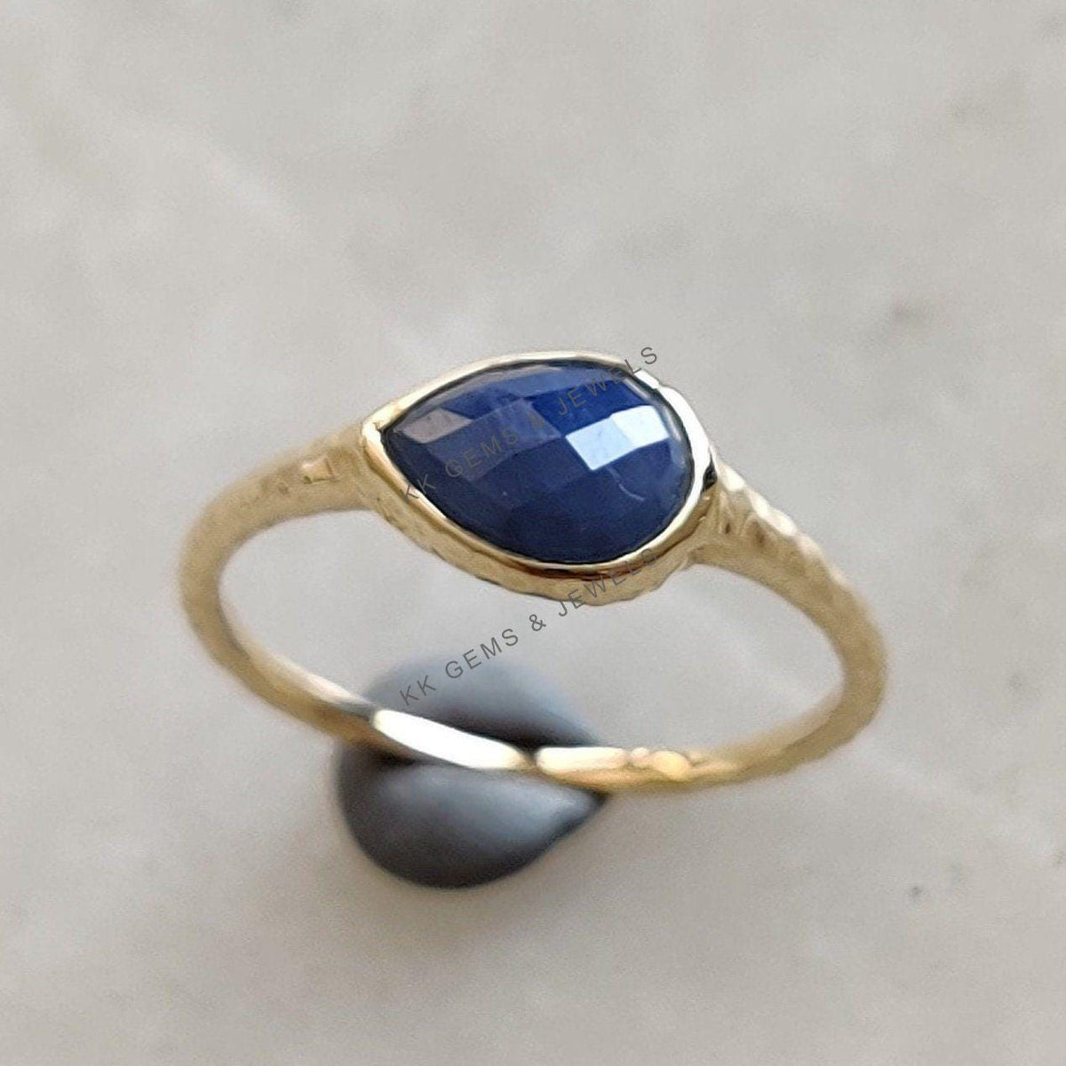 Pear Natural Blue Sapphire Ring, 14K Solid Yellow Gold, September Birthstone
