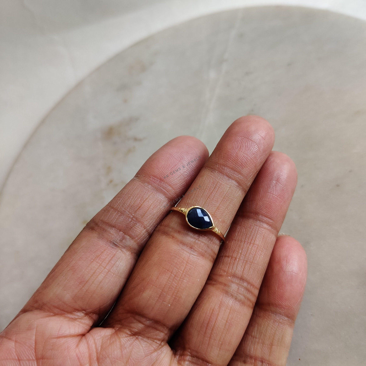Pear Natural Blue Sapphire Ring, 14K Solid Yellow Gold, September Birthstone