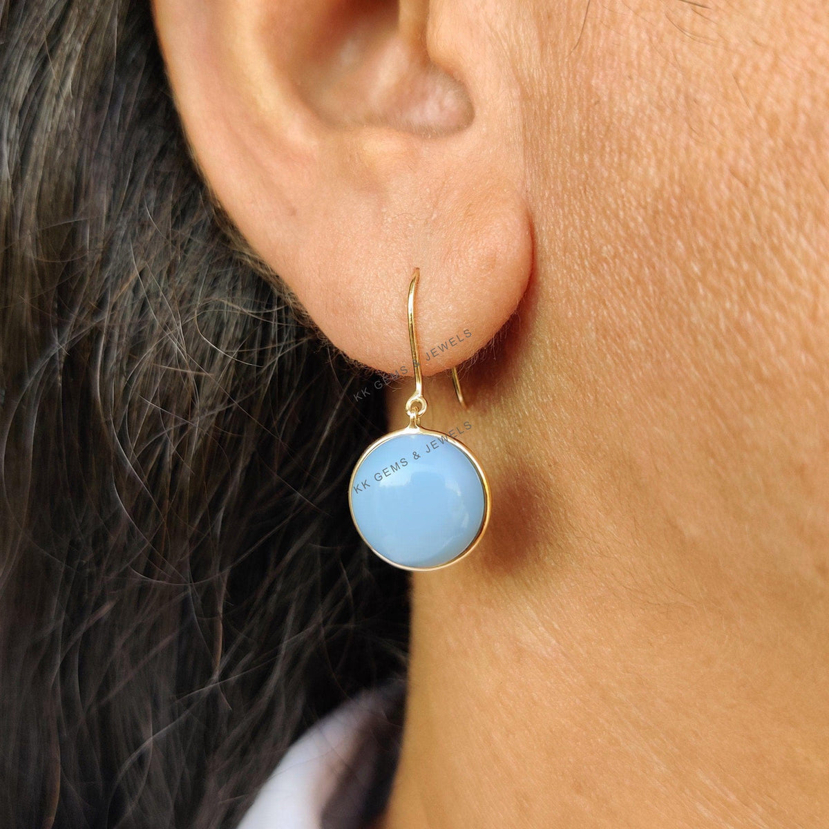 14K Solid Yellow Gold Natural Blue Opal Drop Earrings, October Birthstone