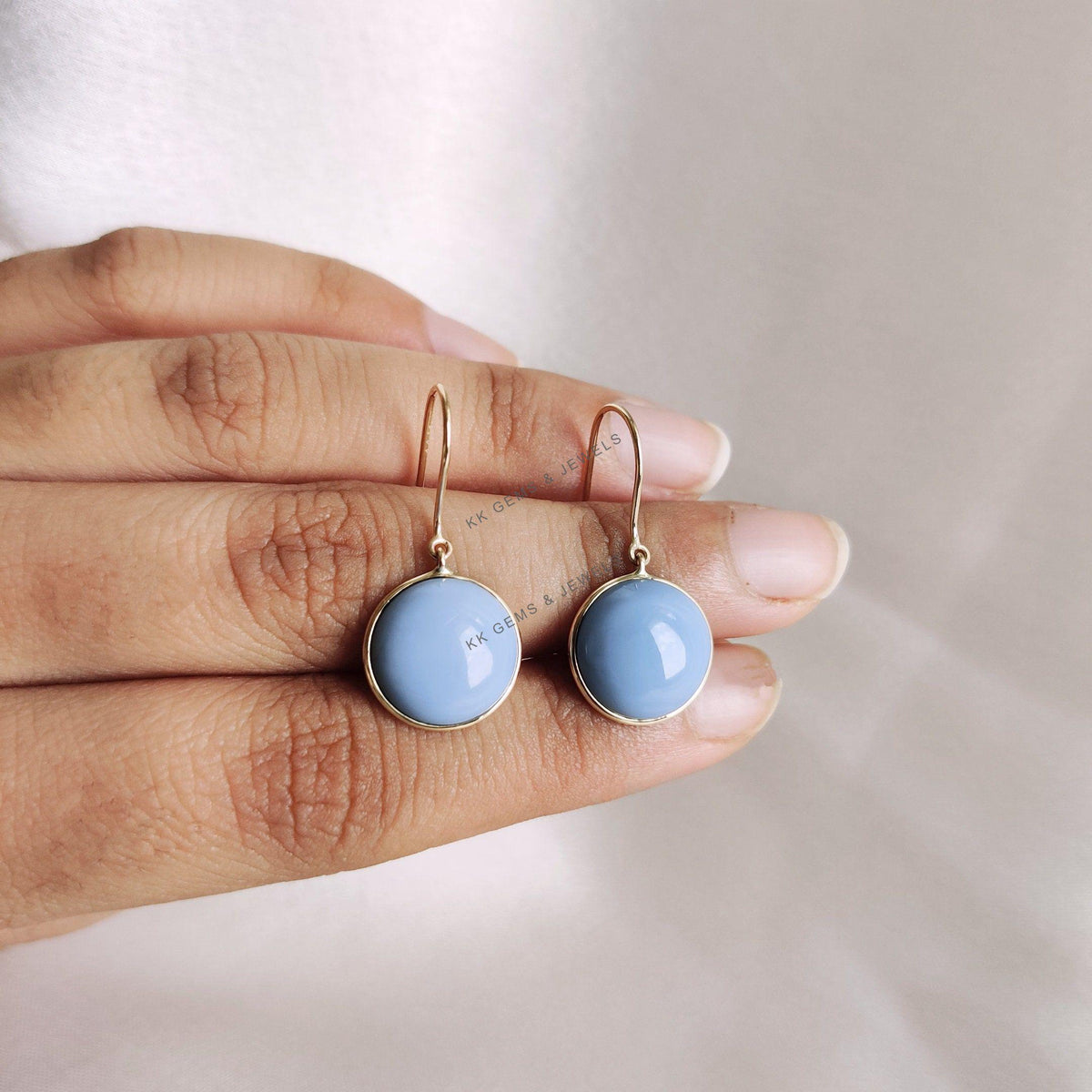 14K Solid Yellow Gold Natural Blue Opal Drop Earrings, October Birthstone