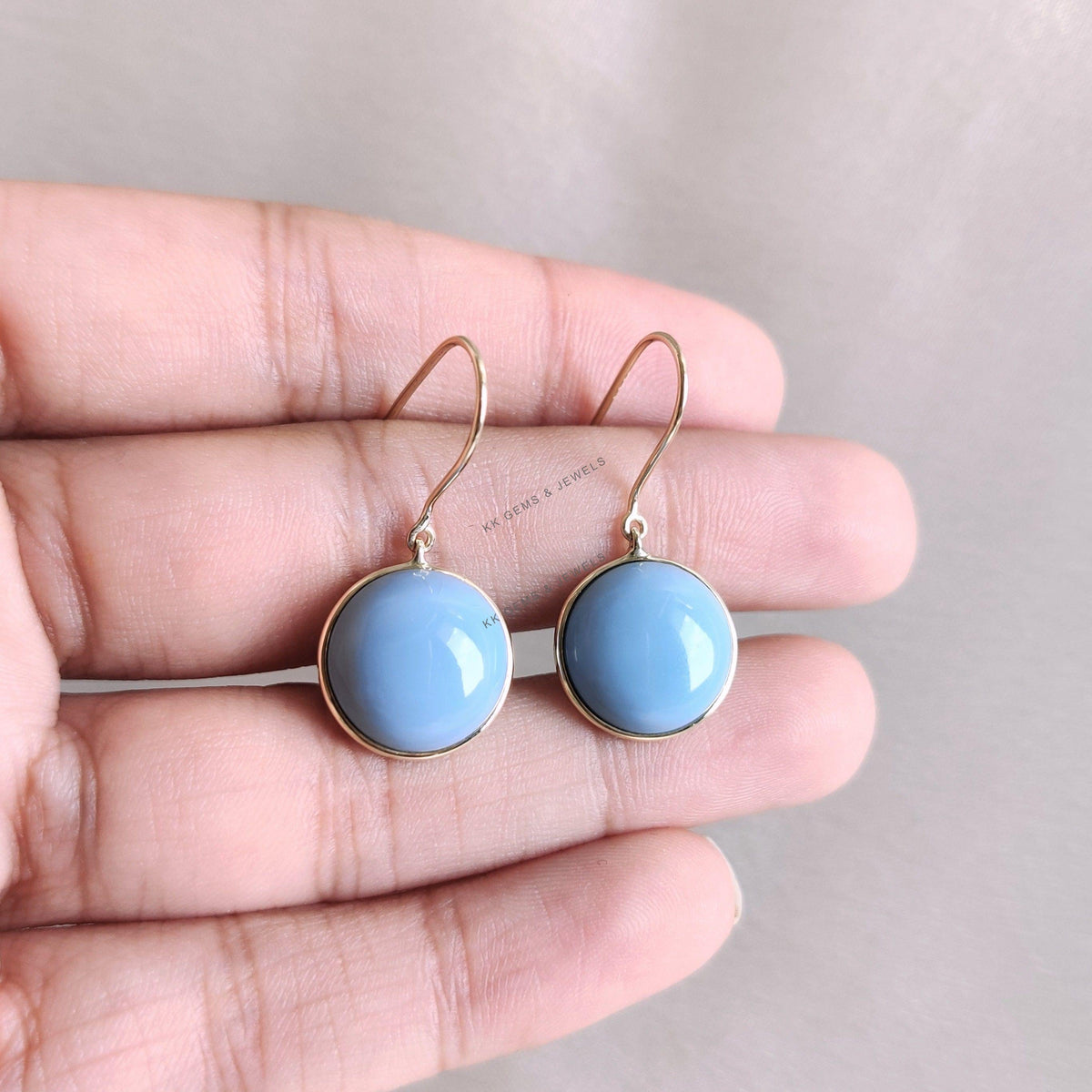 14K Solid Yellow Gold Natural Blue Opal Drop Earrings, October Birthstone