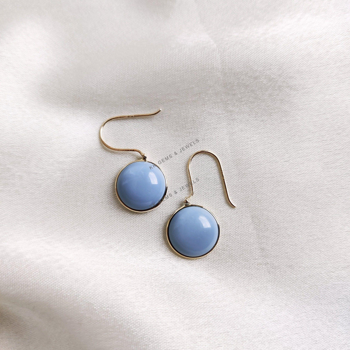 14K Solid Yellow Gold Natural Blue Opal Drop Earrings, October Birthstone