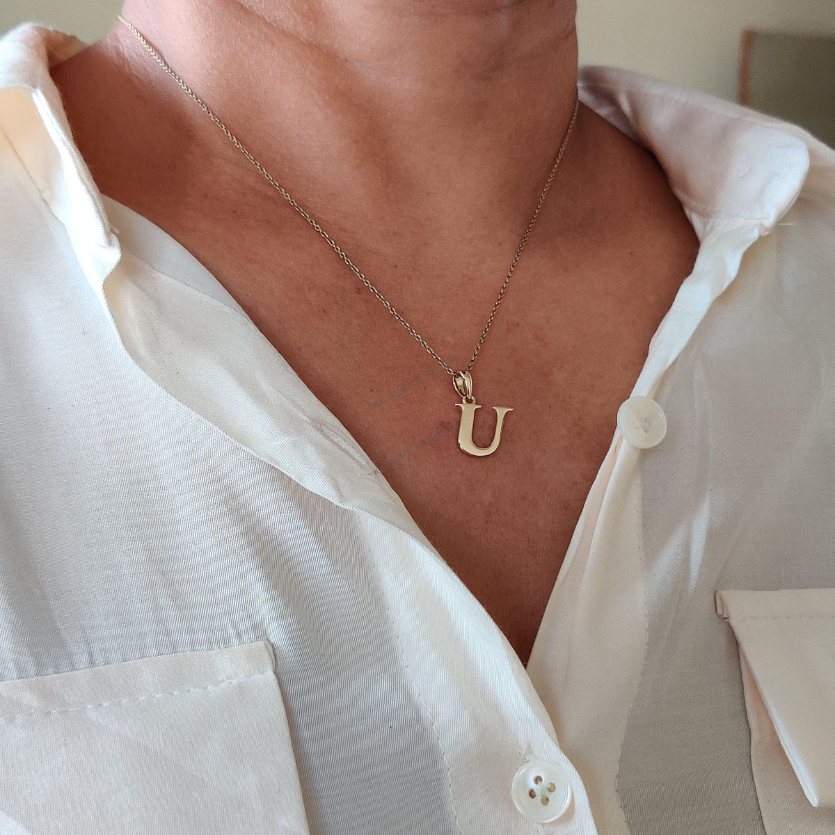 14K Solid Yellow Gold Initial U Pendant, Alphabet Charm