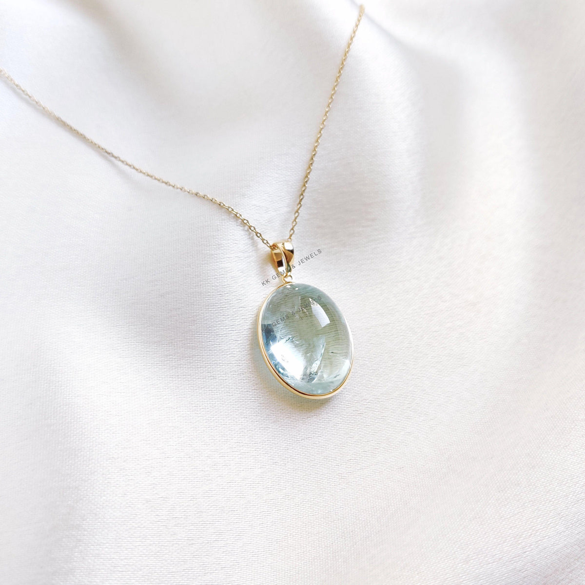Natural Aquamarine Pendant, 14K Solid Yellow Gold, Oval Cabochon