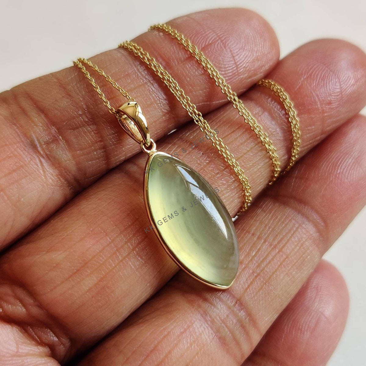 Natural Prehnite Pendant: 14K Solid Yellow Gold Marquise Necklace